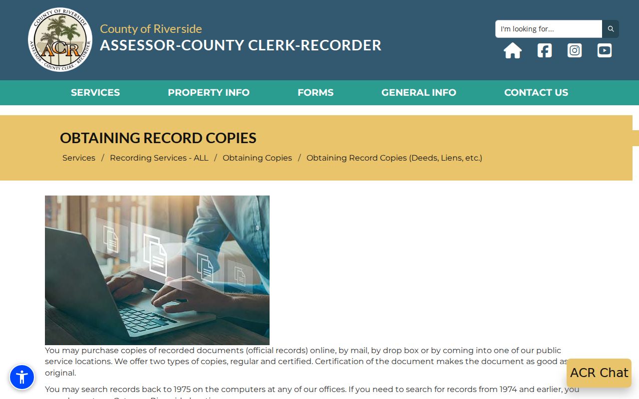 Palm Desert previous residents Riverside recorded copy instructions